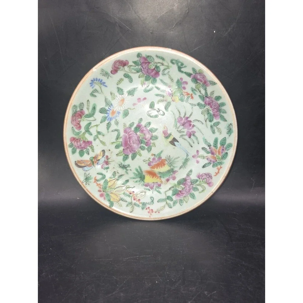 Antique Chinese Celadon Canton Famille Rose Plate 7